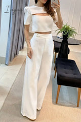 Ingvn - Casual Solid Hollowed Out O Neck Short Sleeve Two Pieces Pieces/Two-Piece Pants Set