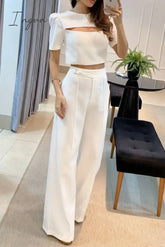Ingvn - Casual Solid Hollowed Out O Neck Short Sleeve Two Pieces White / S Pieces/Two-Piece Pants