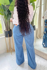 Ingvn - Casual Solid Hollowed Out Patchwork High Waist Regular Denim Jeans Denim/Jeans