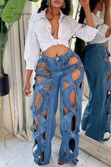 Ingvn - Casual Solid Hollowed Out Patchwork High Waist Regular Denim Jeans Denim/Jeans