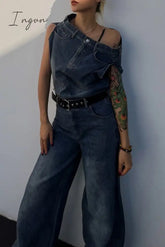 Ingvn - Casual Solid Patchwork Asymmetrical Sleeveless Two Pieces Pieces/Two-Piece Pants Set