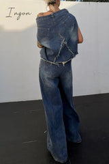 Ingvn - Casual Solid Patchwork Asymmetrical Sleeveless Two Pieces Pieces/Two-Piece Pants Set