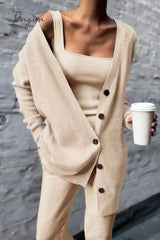 Ingvn - Casual Solid Patchwork Buckle Three Pieces(4 Colors) Khaki / S Two Pieces/Two-Piece Pants