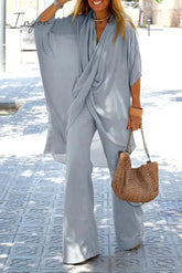 Ingvn - Casual Solid Patchwork Fold Asymmetrical V Neck Half Sleeve Two Pieces(5 Colors)