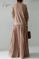 Ingvn - Casual Solid Patchwork Fold O Neck Long Sleeve Dresses Dresses/Casual
