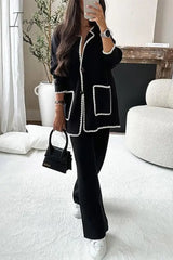 Ingvn - Casual Solid Patchwork Frenulum Long Sleeve Two Pieces Black / S Pieces/Two-Piece Pants Set