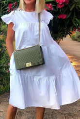 Ingvn - Casual Solid Patchwork O Neck Cake Skirt Dresses White / S Dresses/Casual