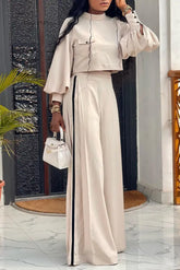 Ingvn - Casual Solid Patchwork Pocket Half A Turtleneck Long Sleeve Two Pieces Apricot / S