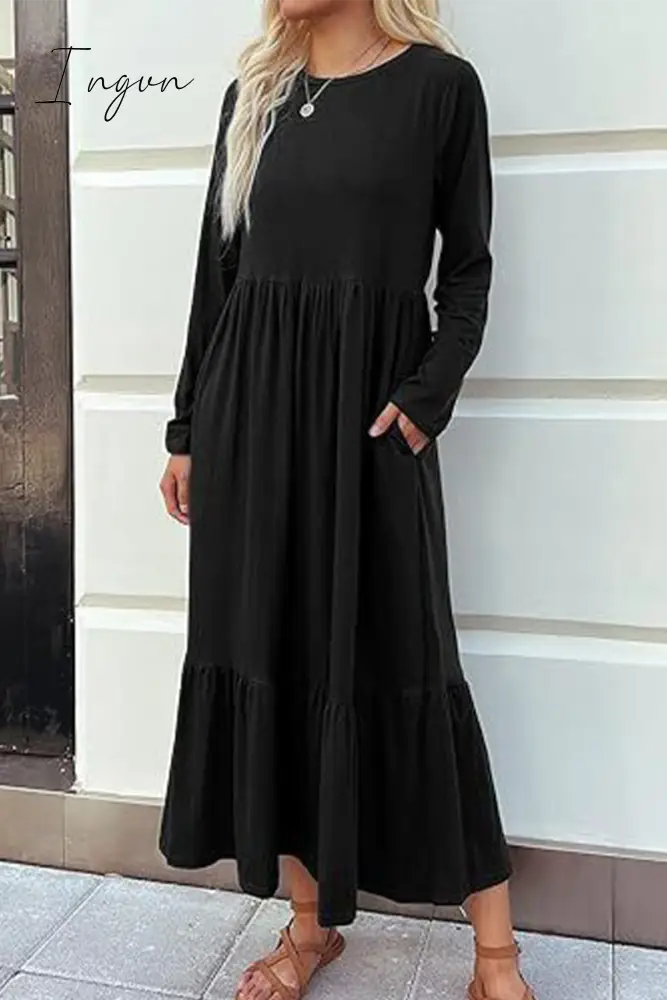 Ingvn - Casual Solid Patchwork Pocket O Neck A Line Dresses Dresses/Long Sleeve