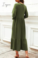 Ingvn - Casual Solid Patchwork Pocket O Neck A Line Dresses Dresses/Long Sleeve