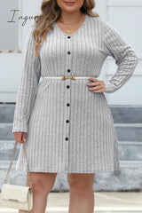 Ingvn - Casual Solid Patchwork V Neck Long Sleeve Plus Size Dresses (Without Belt) Grey / 0Xl