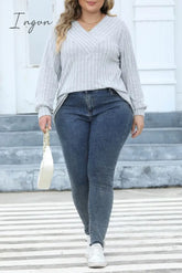 Ingvn - Casual Solid Patchwork V Neck Plus Size Tops Size/Plus