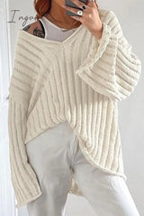 Ingvn - Casual Solid Patchwork V Neck Tops Apricot / S Tops/Sweaters & Cardigans
