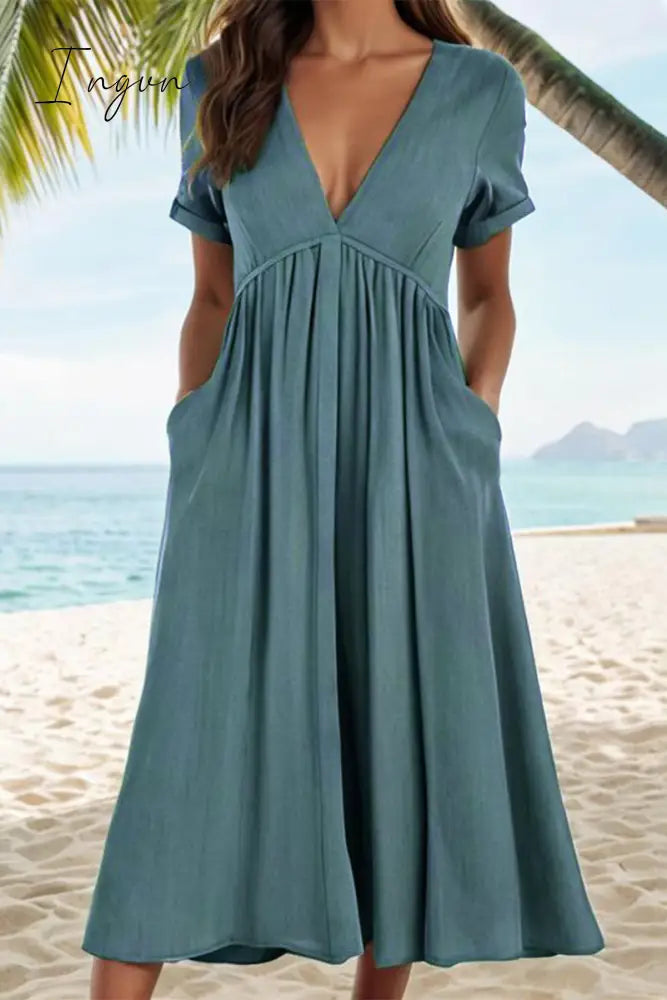 Ingvn - Casual Solid Pocket Fold V Neck A Line Dresses Dresses/Casual