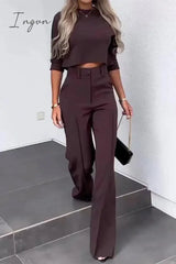 Ingvn - Casual Solid Pocket Half A Turtleneck Sleeve Two Pieces Brownness / S Pieces/Two-Piece