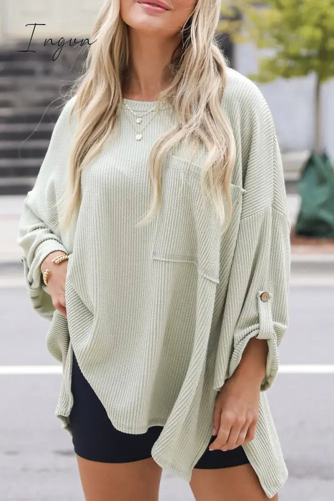 Ingvn - Casual Solid Pocket O Neck Tops Cyan / S Tops/Long Sleeve
