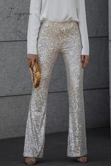 Ingvn - Casual Solid Sequins Straight Mid Waist Speaker Color Bottoms Bottoms/Pants