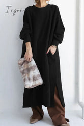 Ingvn - Casual Solid Slit O Neck Long Dress Dresses Dresses/Casual