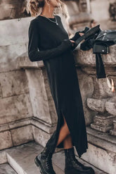 Ingvn - Casual Solid Slit O Neck Long Sleeve Dresses Dresses/Long