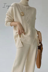 Ingvn - Casual Solid Slit Turtleneck Long Sleeve Two Pieces Apricot / One Size Pieces/Two-Piece