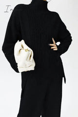 Ingvn - Casual Solid Slit Turtleneck Long Sleeve Two Pieces Black / One Size Pieces/Two-Piece Pants