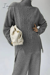 Ingvn - Casual Solid Slit Turtleneck Long Sleeve Two Pieces Grey / One Size Pieces/Two-Piece Pants