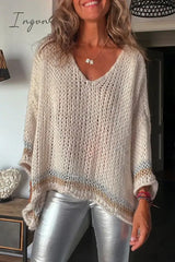 Ingvn - Casual Solid Tassel Contrast V Neck Tops Tops/Sweaters & Cardigans