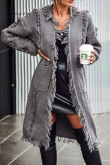 Ingvn - Casual Solid Tassel Patchwork Pocket Cardigan Collar Outerwear Outerwear/Knitted Jacket