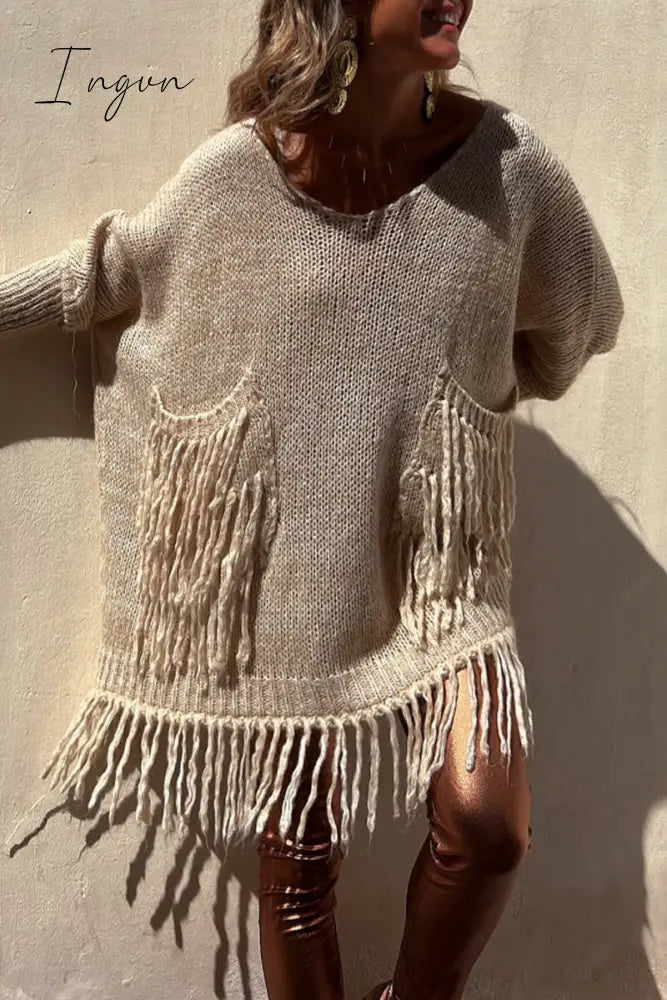 Ingvn - Casual Solid Tassel Pocket Weave O Neck Tops Tops/Sweaters & Cardigans