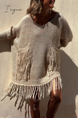 Ingvn - Casual Solid Tassel Pocket Weave O Neck Tops Tops/Sweaters & Cardigans
