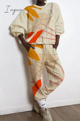 Ingvn - Casual Sportswear Print Contrast O Neck Long Sleeve Two Pieces Apricot / S Pieces/Two-Piece