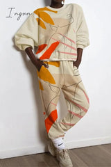 Ingvn - Casual Sportswear Print Contrast O Neck Long Sleeve Two Pieces Apricot / S Pieces/Two-Piece
