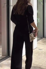 Ingvn - Casual Street Solid Pocket Turndown Collar Long Sleeve Two Pieces Pieces/Two-Piece Pants Set