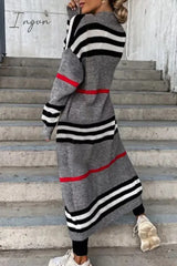 Ingvn - Casual Street Striped Patchwork V Neck Outerwear Outerwear/Knitted Jacket