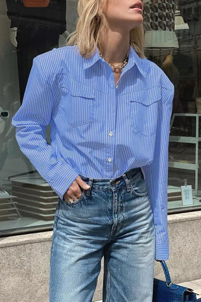 Ingvn - Casual Striped Patchwork Turndown Collar Tops Stripe / S Tops/Blouses & Shirts