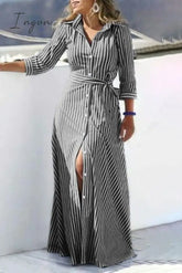 Ingvn - Casual Striped Print Buckle With Belt Turndown Collar Shirt Dress Dresses Black / S