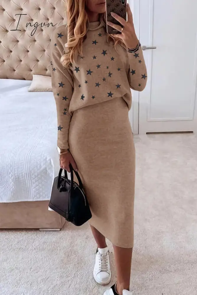 Ingvn - Casual The Stars Patchwork O Neck Long Sleeve Two Pieces(7 Colors) Pieces/Two-Piece Dress