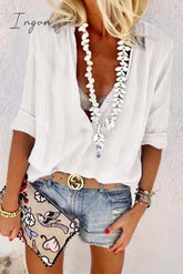 Ingvn - Casual V Neck Button Blouse Tops