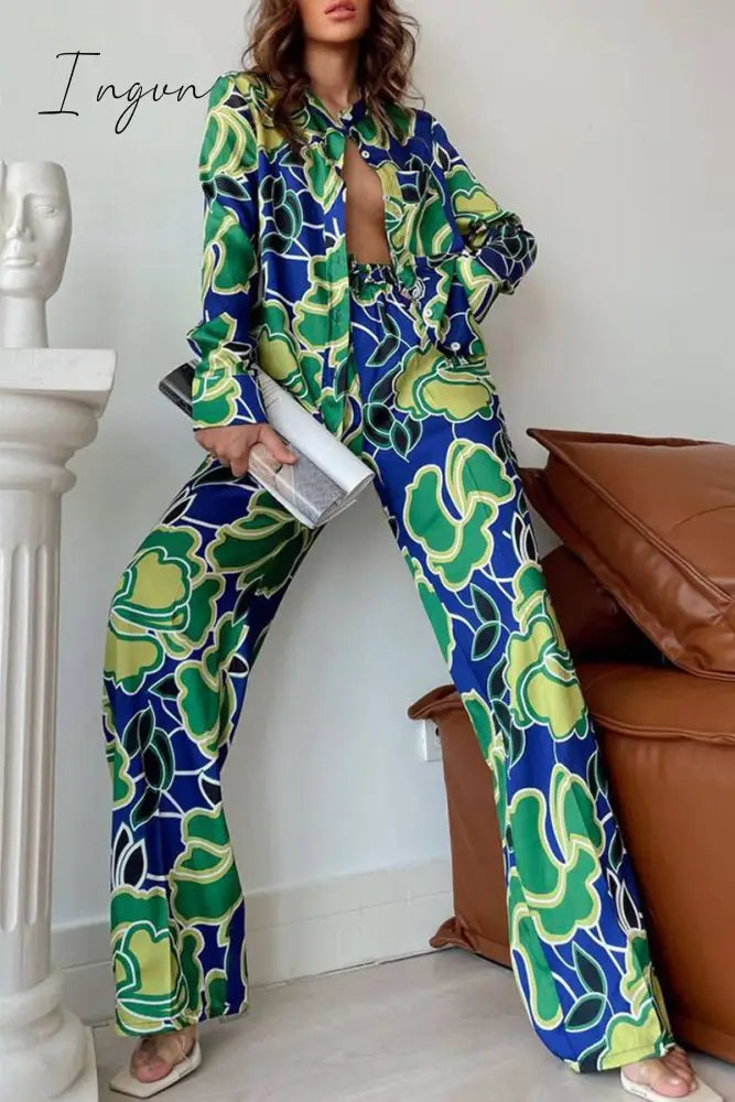 Ingvn - Casual Vacation Geometric Print Pocket Mandarin Collar Long Sleeve Two Pieces