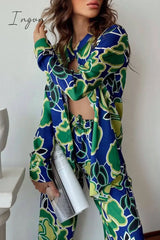 Ingvn - Casual Vacation Geometric Print Pocket Mandarin Collar Long Sleeve Two Pieces