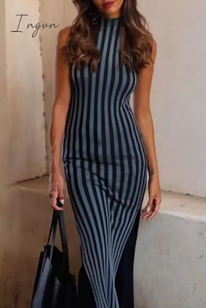 Ingvn - Casual Vacation Striped Contrast Weave Half A Turtleneck Sleeveless Dress Dresses