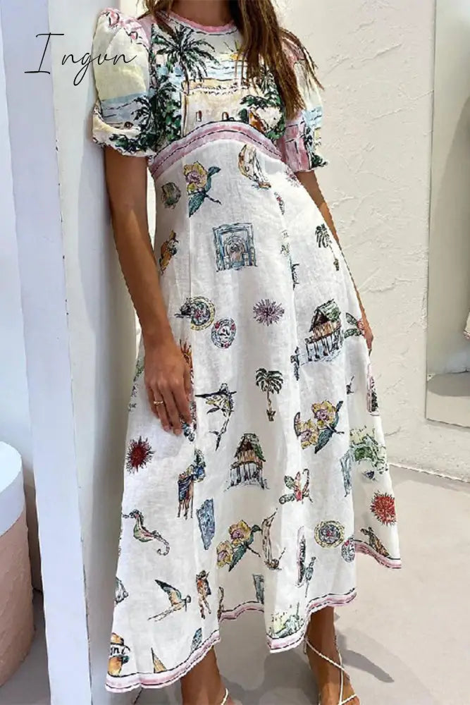Ingvn - Casual Vintage Cartoon Print Patchwork O Neck A Line Dresses Dresses/Casual