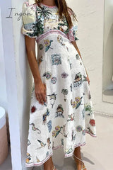 Ingvn - Casual Vintage Cartoon Print Patchwork O Neck A Line Dresses White / S Dresses/Casual