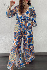 Ingvn- Casual Vintage Geometric Print Pocket Slit V Neck Long Sleeve Two Pieces Pieces/Two-Piece