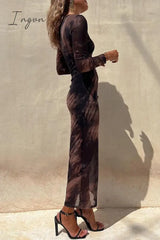 Ingvn - Casual Vintage Gradual Change Print See-Through O Neck Long Sleeve Dresses Dresses/Long