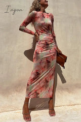 Ingvn - Casual Vintage Gradual Change Print See-Through O Neck Long Sleeve Dresses Pink / S