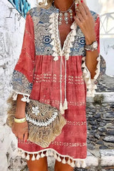 Ingvn - Casual Vintage Print Tassel V Neck A Line Dresses Dresses/Boho