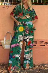 Ingvn - Casual Vintage Print Turndown Collar Short Sleeve Two Pieces Pieces/Two-Piece Pants Set