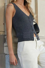 Ingvn - Casual Vintage Solid Pocket Buckle V Neck Tops Tops/Vests & Waistcoats