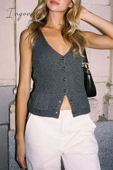 Ingvn - Casual Vintage Solid Pocket Buckle V Neck Tops Tops/Vests & Waistcoats